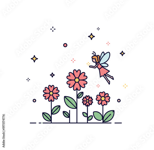 Nature magic scene a tiny fairy hovering above blooming flowers with balanced spacing and gentle glow details. The scene expresses harmony between fantasy and