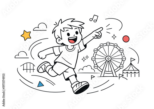 Kids amusement park adventure. A cheerful child pointing toward a ferris wheel in the background, dynamic