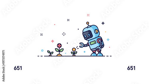 Tiny robot plant discovery adorable little robot exploring small plants with tiny decorative sparkles and subtle accents for a playful whimsical scene.