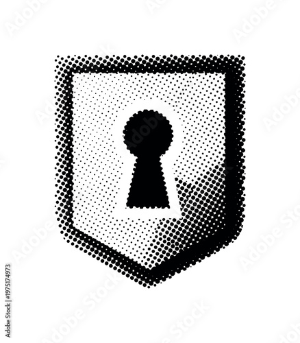 An abstract insignia with a negative-space keyhole silhouette embedded within dense halftone textures, partially cropped at the frame edge for