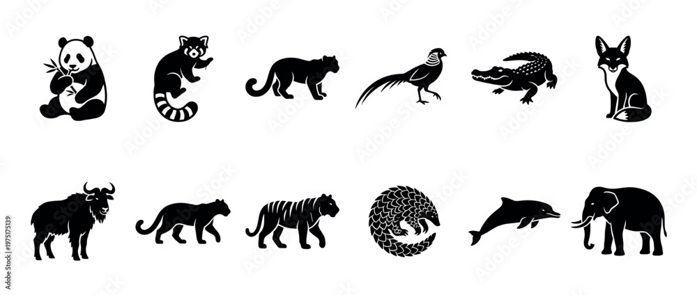 Fototapeta premium Collection of diverse animal silhouettes including panda, red panda, panther, pheasant, alligator, fox, yak, leopard, tiger, pangolin, dolphin, and elephant.
