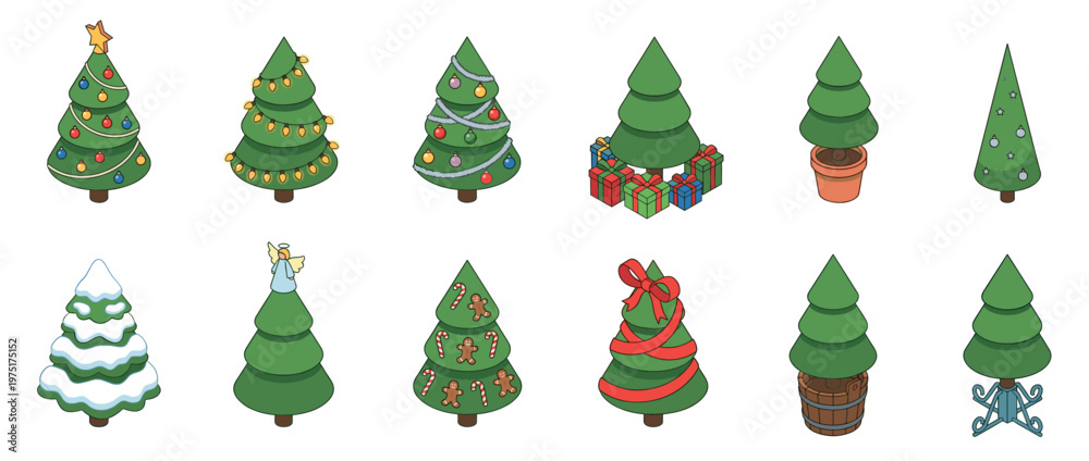 Fototapeta premium Isometric Christmas trees collection featuring various decorated and plain evergreen conifers for festive holiday season designs.