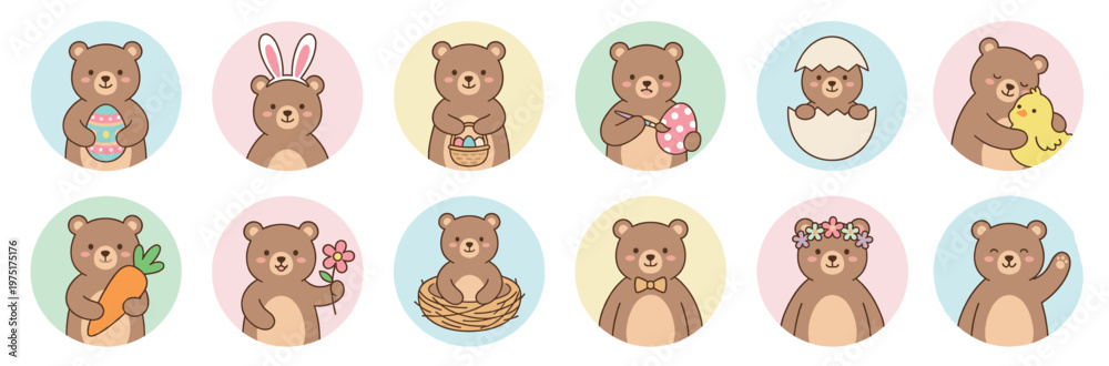 Fototapeta premium Cute cartoon bears celebrating Easter and spring with eggs, bunnies, chicks, and flowers in a delightful collection of illustrations.