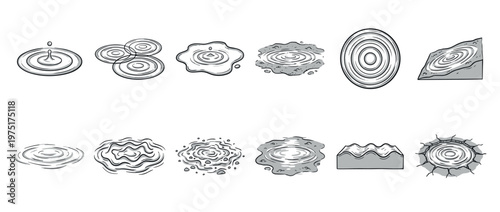 Water ripples and puddles vector illustration set showing various concentric circles and liquid surfaces with drops and waves in a cartoon style.