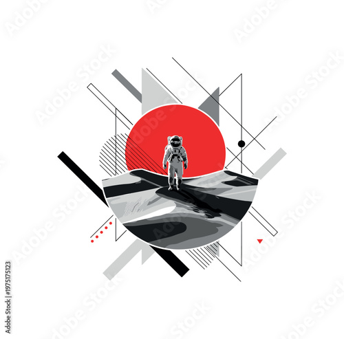 black and white vintage astronaut planting a flag on a giant flower, bold red circle behind like a sun, geometric lines and abstract shapes surrounding,