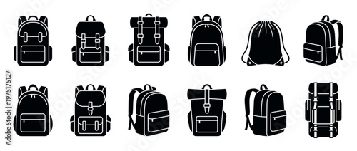 Backpacks and rucksacks icon set in black silhouette style for travel, school, and outdoor activities.