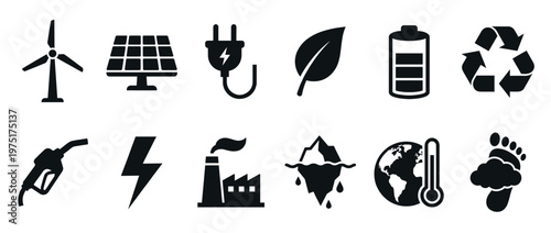 Environmental icons representing renewable energy, pollution, global warming, and sustainable living concepts for ecological awareness and conservation.