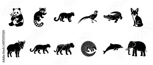 Collection of diverse animal silhouettes including panda, red panda, panther, pheasant, alligator, fox, yak, leopard, tiger, pangolin, dolphin, and elephant.