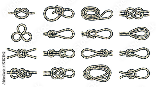 Detailed illustrations of various rope knots, showcasing different types used in sailing, climbing, and everyday applications.
