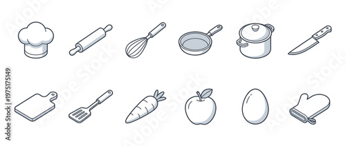 Kitchen items and cooking essentials isometric line art icons set, featuring various food preparation tools and ingredients for culinary activities.