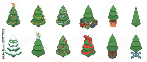 Isometric Christmas trees collection featuring various decorated and plain evergreen conifers for festive holiday season designs.