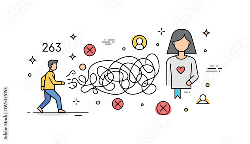 Breaking free from toxic relationship concept with a figure stepping away from tangled lines and negative symbols conveying clarity, self respect,