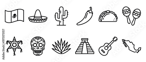 Mexican culture icons set with flag, sombrero, cactus, chili, taco, maracas, piñata, sugar skull, agave, pyramid, guitar, and map.