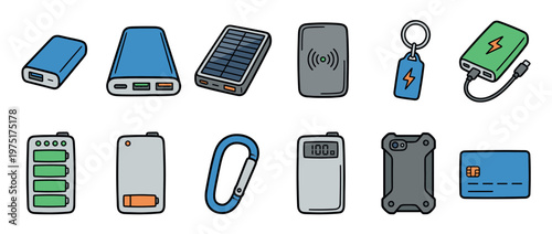 Portable power banks and charging devices collection featuring various modern electronic gadgets for on-the-go energy solutions.