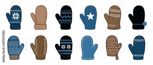 Colorful winter mittens collection featuring various knitted patterns and designs, perfect for cold weather and seasonal illustrations.