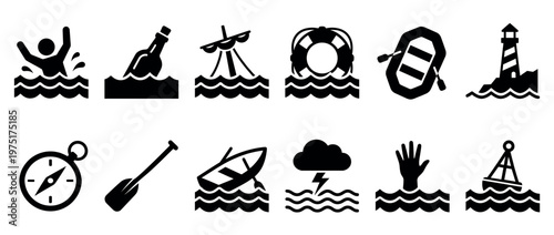 Nautical icons set featuring sea rescue, navigation, and maritime emergency symbols for safety and adventure concepts.