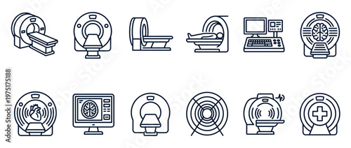 MRI scan icons set showing various medical imaging equipment and diagnostic procedures in healthcare.