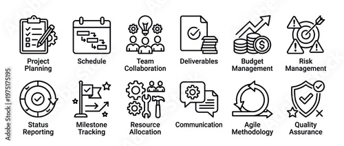Collection of project management icons illustrating various stages and aspects of business development, planning, and execution processes.