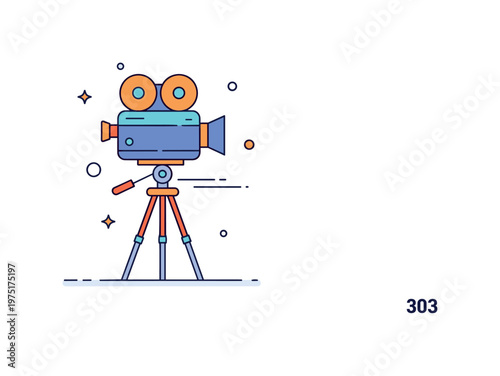Film camera on tripod setup with a classic camera mounted on a sturdy stand and subtle focus lines conveying filming, stability, and creative production.