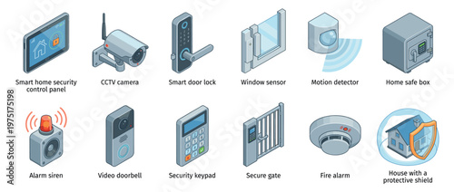 Smart home security devices and systems isometric vector illustration set for modern residential protection and automation technology.