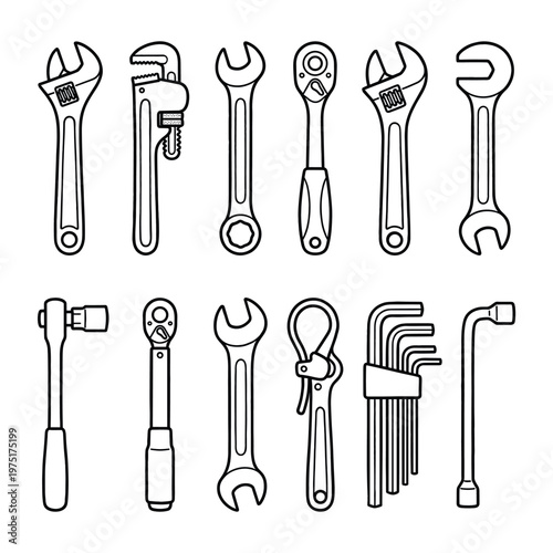 Collection of essential hand tools featuring different types of wrenches, ratchets, and hex keys in a simple outline drawing.