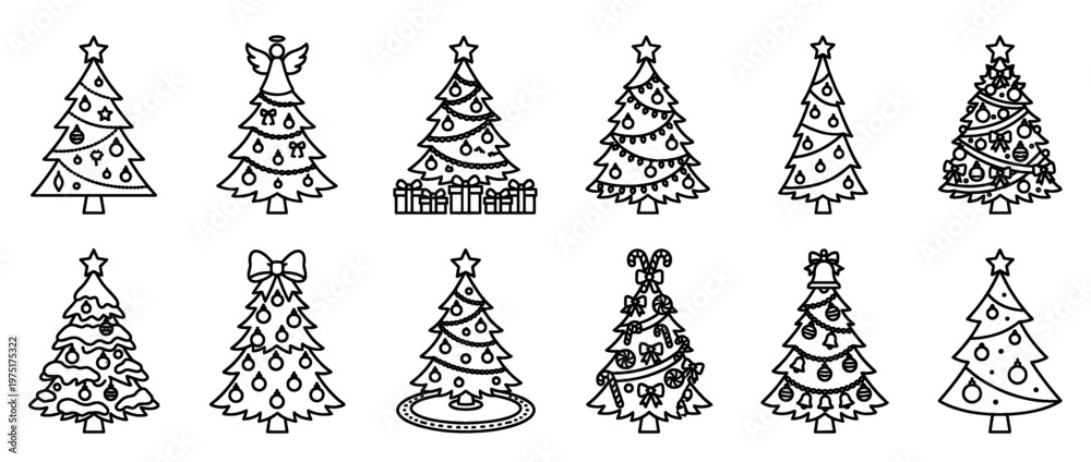 Naklejka premium Christmas trees line art collection featuring various decorated holiday firs with ornaments, stars, and gifts, perfect for festive designs and winter celebrations.