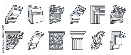 Architectural moldings, cornices, and decorative elements collection featuring classical and contemporary designs for interior decoration.