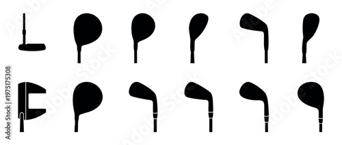 Collection of golf clubs silhouettes, including putters, drivers, irons, and woods, essential equipment for the game of golf.