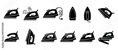 Clothes irons icons set showing various types of steam and dry pressing appliances for laundry care and garment smoothing.