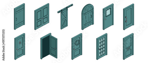 Collection of various isometric doors in teal color, showcasing different styles and designs for architectural elements and home decor.