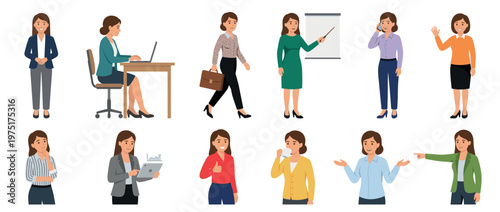 Collection of diverse businesswomen performing various professional tasks and gestures, illustrating different aspects of modern office work and communication.