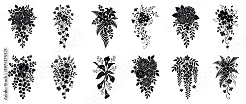 Elegant collection of black floral arrangements and botanical silhouettes featuring various flowers, leaves, and berries for decorative design.