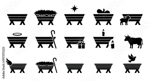 Manger icons and various Christmas nativity scene elements including baby, star, lamb, and hay in a silhouette style.