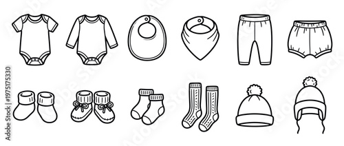Collection of outline illustrations depicting various baby clothes and accessories, including bodysuits, bibs, pants, socks, booties, and hats for infants.