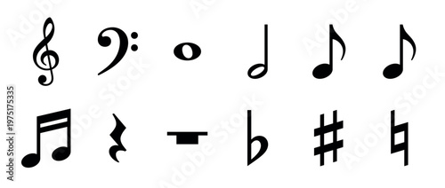 Musical symbols collection featuring various notes, clefs, rests, and accidentals for music education and composition.