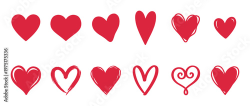 Red heart shapes in various hand-drawn styles, symbolizing love, romance, and affection for graphic design elements.