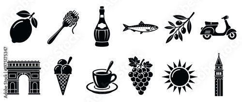 Italian culture icons set featuring food, drink, travel, and landmark symbols in a simple silhouette style.