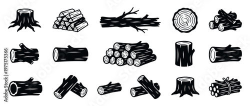 Wood logs, tree stumps, and firewood stacks in a collection of simple black and white icons representing forestry and lumber industry.