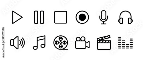 Collection of outline media player interface icons including play, pause, stop, record, microphone, headphones, speaker, music, film, camera, clapperboard, and equalizer symbols.