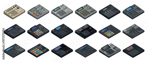 Drum machines samplers music production equipment in a detailed isometric pixel art style, representing various models for beat making and electronic music creation.