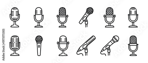 Microphones icon set featuring various styles of audio recording devices for broadcasting, podcasting, and music production.