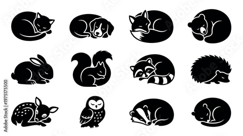 Sleeping animals vector icons set featuring various curled up wild and domestic creatures in a peaceful slumber.