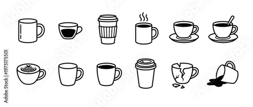 Coffee cups and mugs icon set featuring various styles, states, and types of hot beverages for cafe and drink-related designs