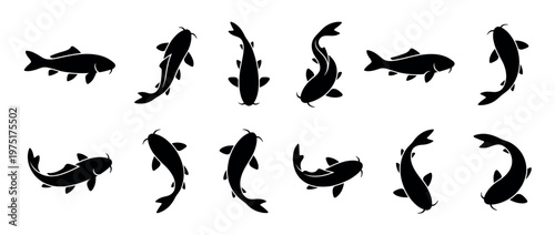 Koi fish silhouettes swimming in various dynamic poses, creating an elegant and traditional aquatic design element for decorative purposes.