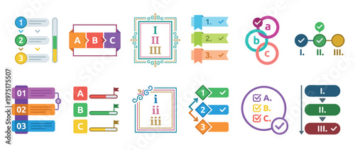 Infographic elements for step-by-step processes, progress indicators, and numbered lists in a colorful flat design style.