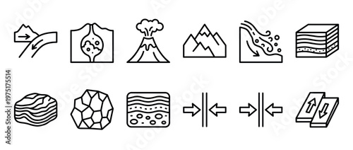 Geological icons set illustrating various earth science concepts like plate tectonics, volcanic activity, mountain formation, and rock layers