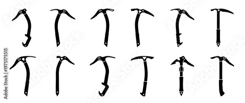 Collection of ice axes and ice picks, essential equipment for mountaineering, alpine climbing, and winter expeditions.