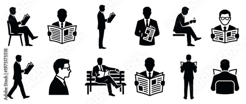 Men reading newspapers and books in various poses, depicting daily routines and information consumption.