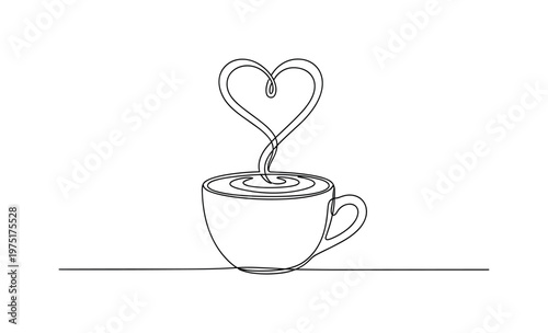 Cappuccino Cup with Love Steam. Minimalistic one-line drawing cappuccino cup with smooth heart-shaped steam swirl, continuous single black line on white
