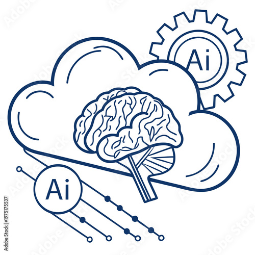 A vector graphic illustration of a brain with gears and clouds representing artificial intelligence